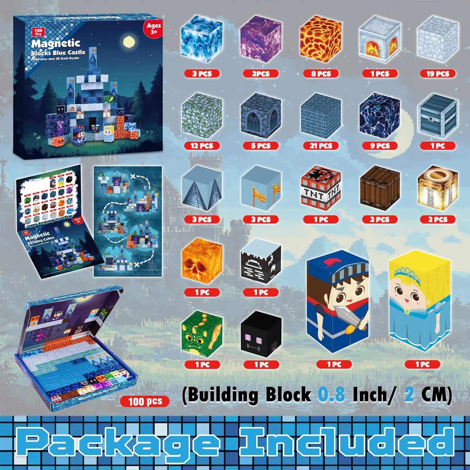 Magnetic Building Blocks Blue Castle Kit Montessori STEM Educational Toys for Kids