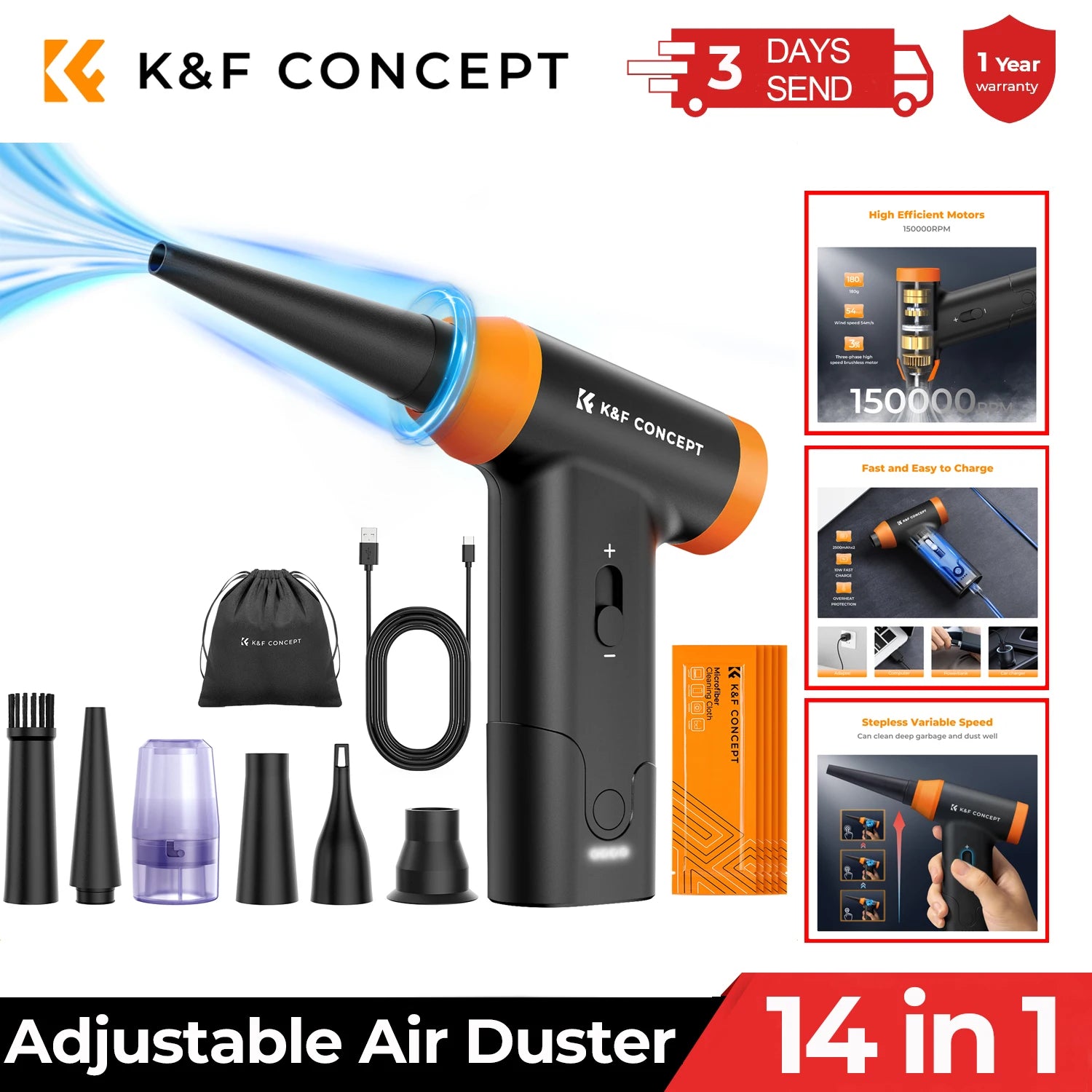 14-in-1 Electric Air Duster – High-Speed 150,000 RPM Blower for Computer, Keyboard, and Car Cleaning
