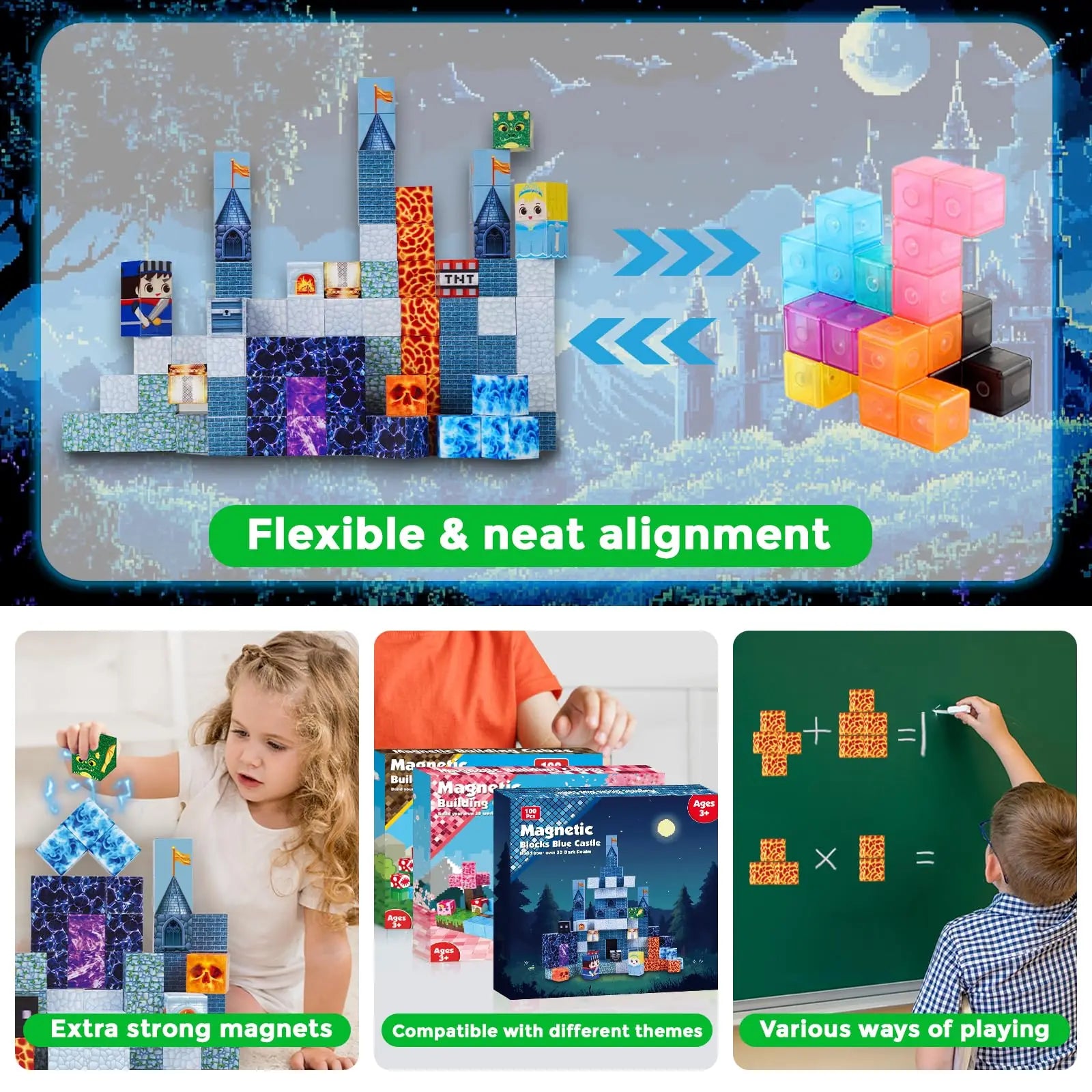 Magnetic Building Blocks Blue Castle Kit Montessori STEM Educational Toys for Kids