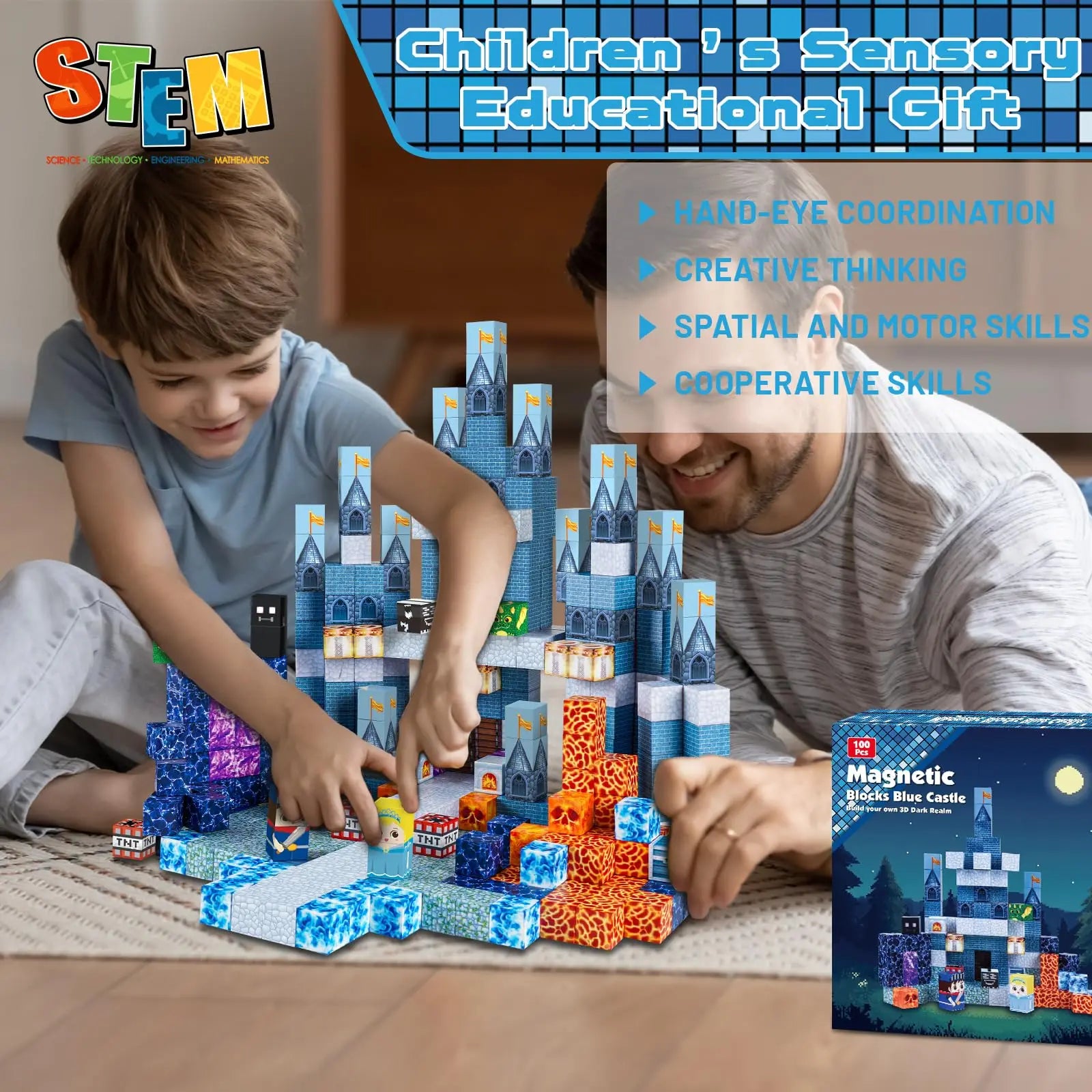 Magnetic Building Blocks Blue Castle Kit Montessori STEM Educational Toys for Kids